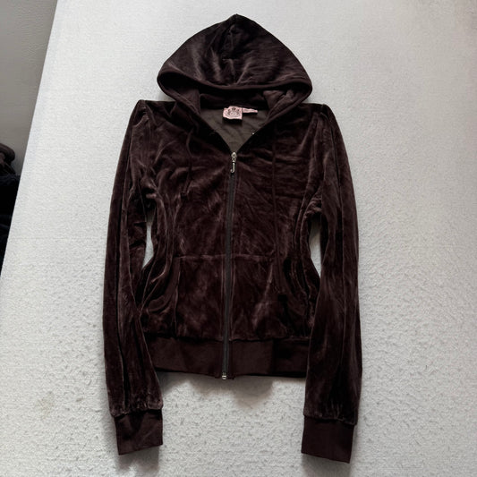 Vintage Juicy Couture Scottie Dogs Womens Dark Brown Velour Zip-Up Hoodie Size L