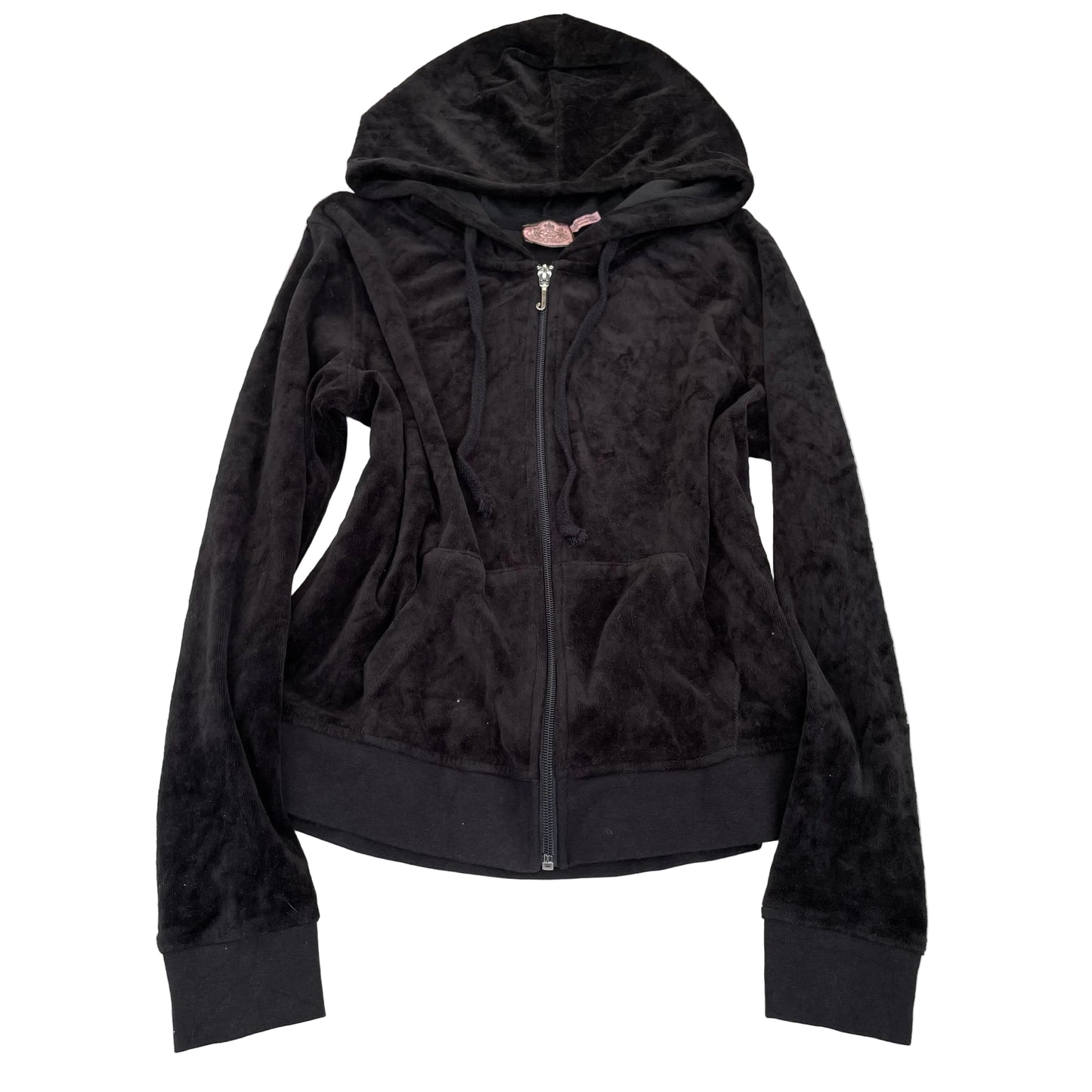 Juicy Couture Women's Black Velour Full Zip Hoodie Drawstring Pockets Y2k Size M