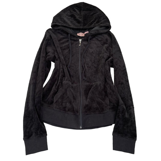 Juicy Couture Women's Black Velour Full Zip Hoodie Drawstring Pockets Y2k Size M