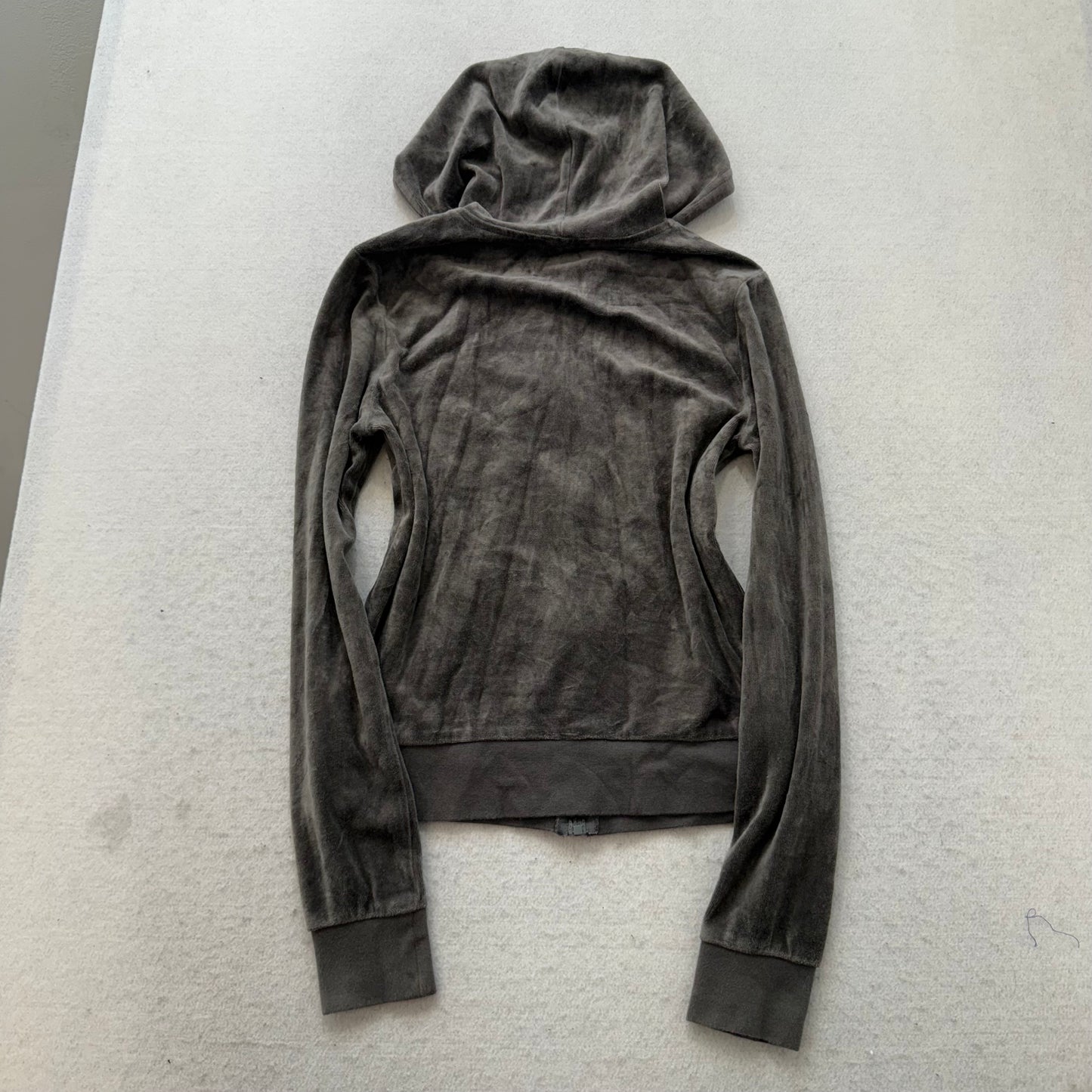 Juicy Couture Women's Charcoal Grey Velour Zip-Up Hoodie Drawstring Y2K Size XS