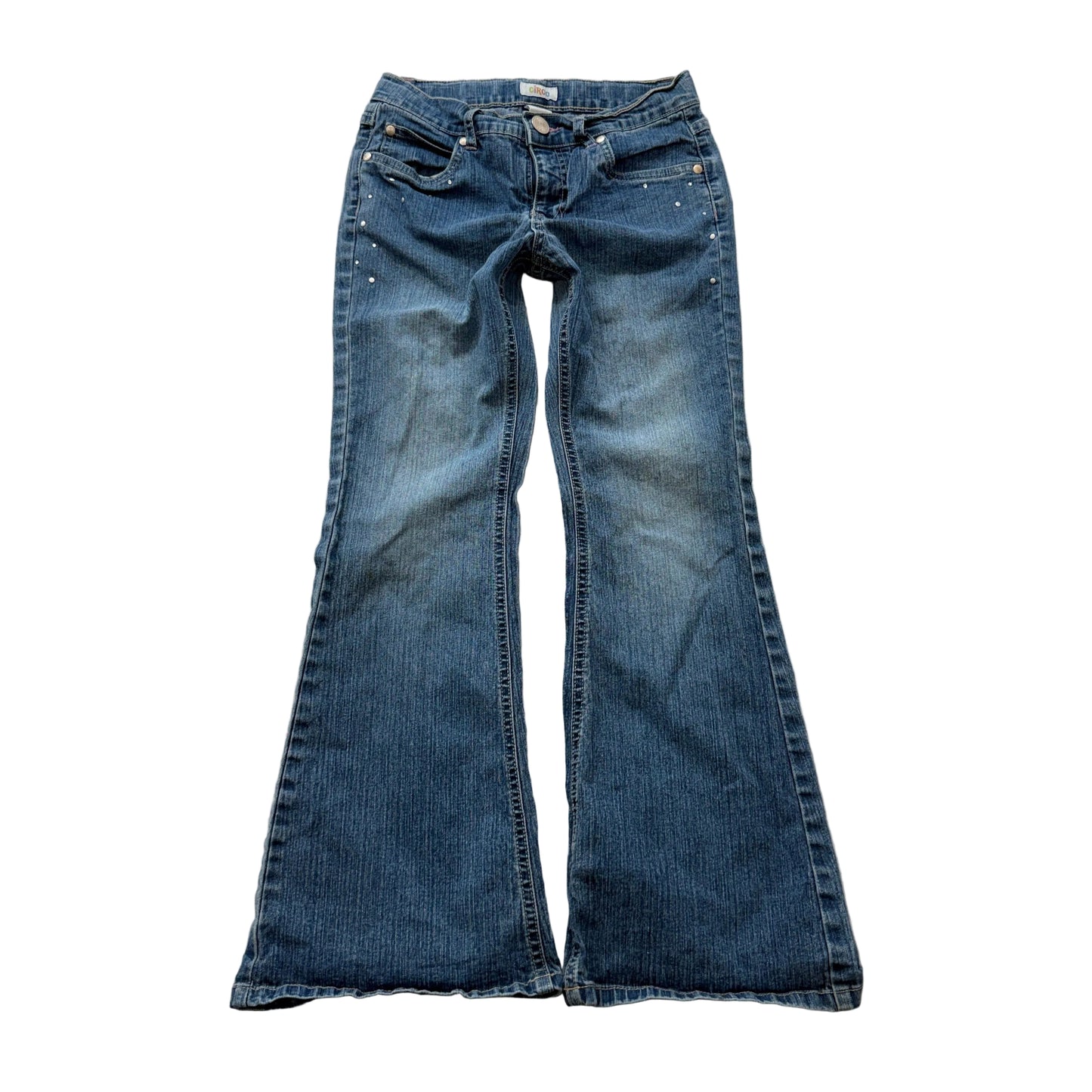 Circo Girls Blue Flared Denim Jeans Medium Wash Zip-Fly Rhinestone Y2K Size 12