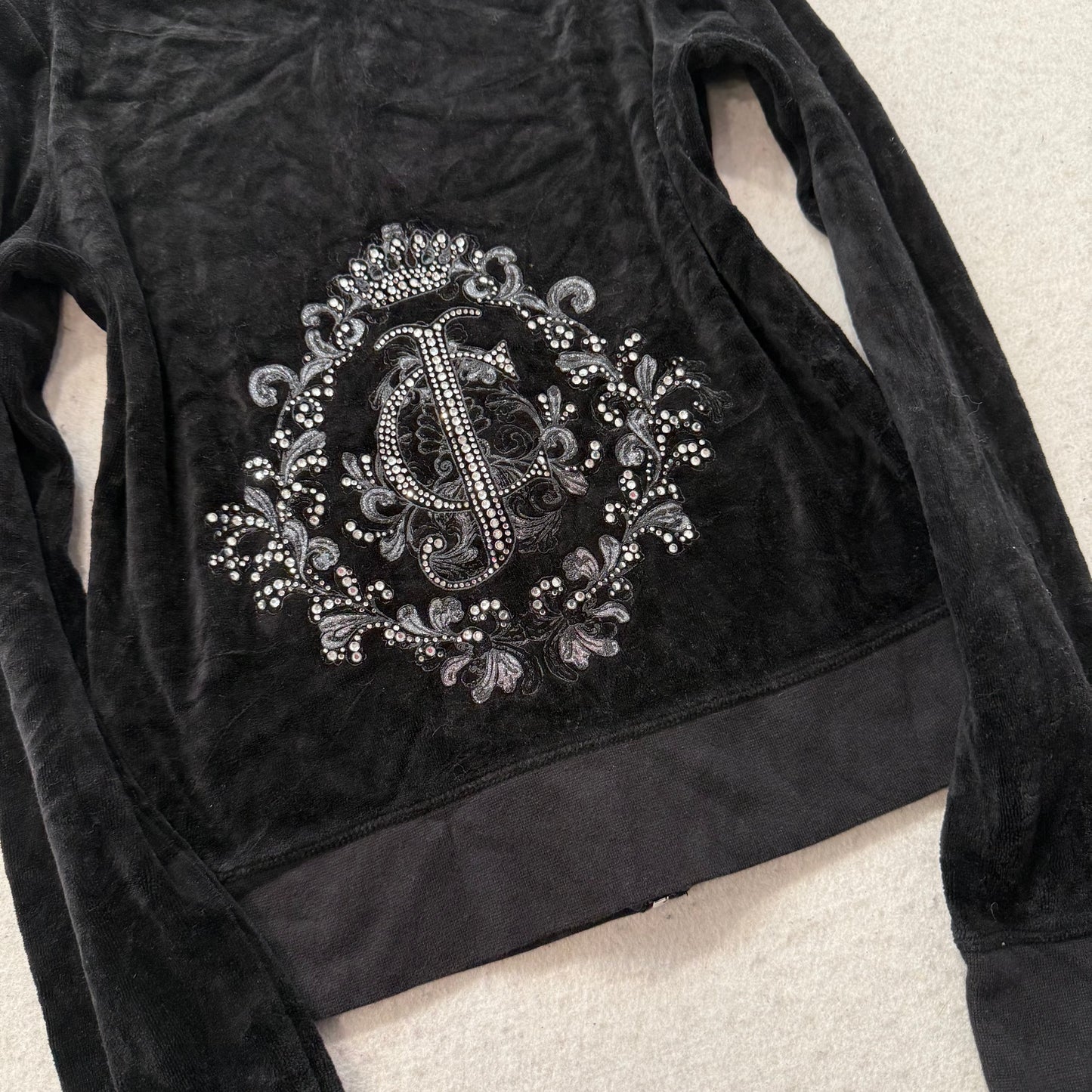 Juicy Couture Women's Black Velour Full Zip Hoodie Rhinestones Logo Y2K Size M