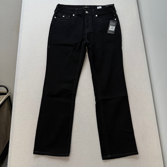 True Religion Ricky Straight Leg Black Denim Jeans Contrast Stitching Back Flap Pockets Size W34 L32