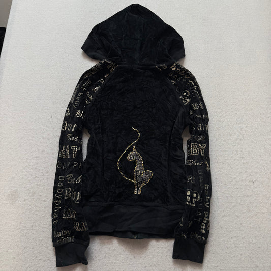 Baby Phat Women Black Velour Zip Up Hoodie All-Over Print Rhinestone Logo Size L