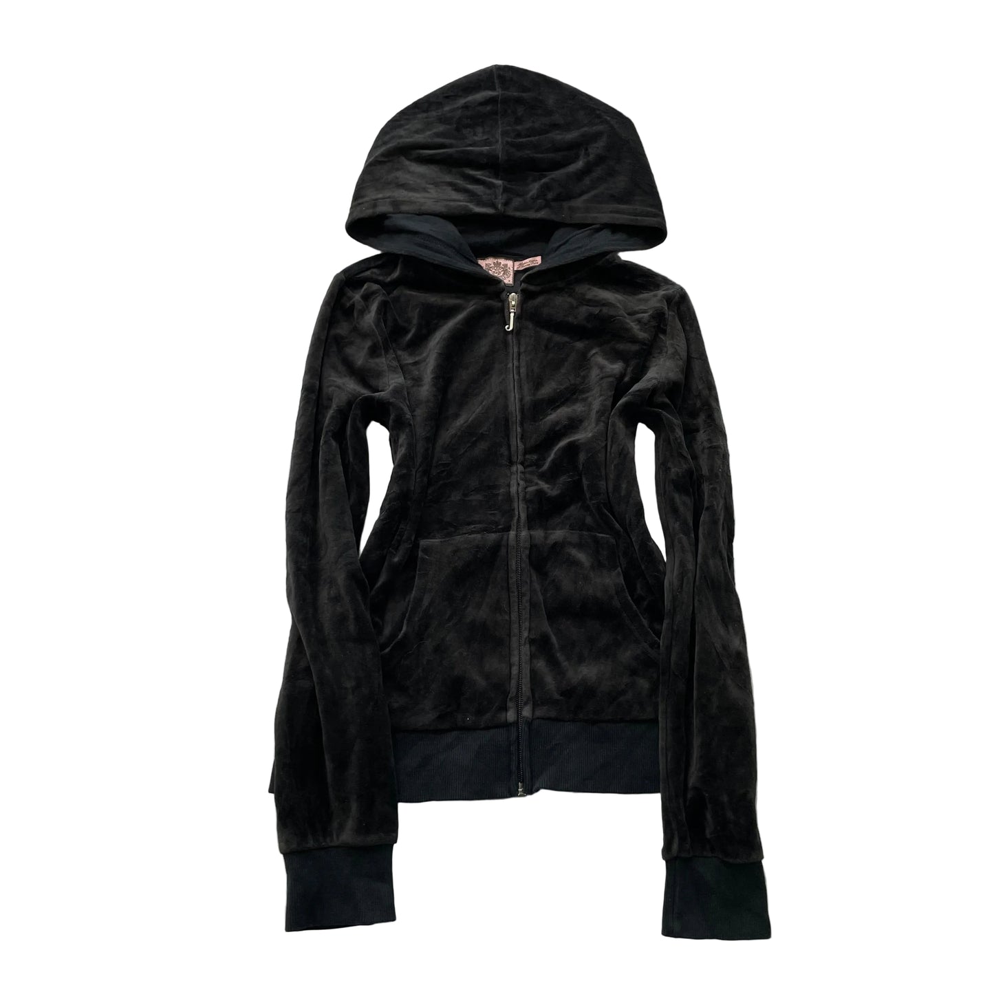 Vintage Juicy Couture Women Black Velour Zip-Up Hoodie Loungewear Pockets Size S