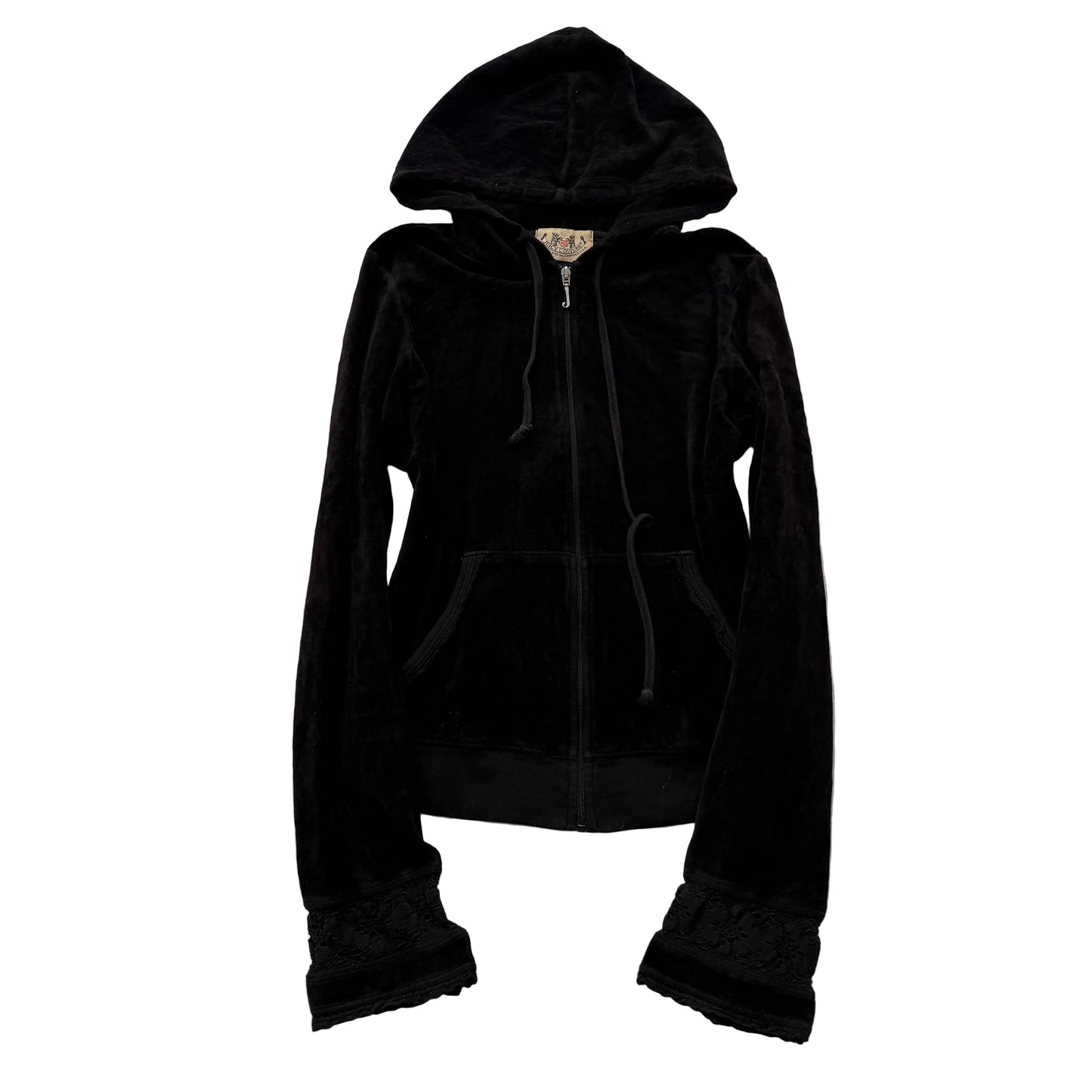 2003 Vintage Juicy Couture Women's Black Velour Zip-Up Hoodie Lace Cuffs Size M
