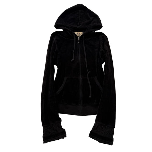 2003 Vintage Juicy Couture Women's Black Velour Zip-Up Hoodie Lace Cuffs Size M