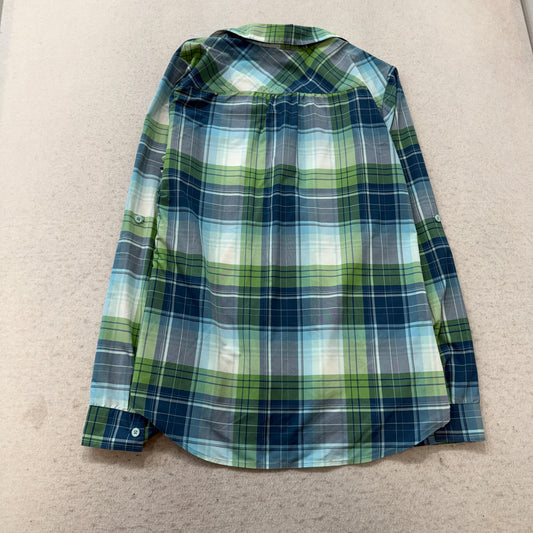 Eddie Bauer Women's Green Blue Nylon Plaid Button Up Shirt Pocket Outdoor Size M
