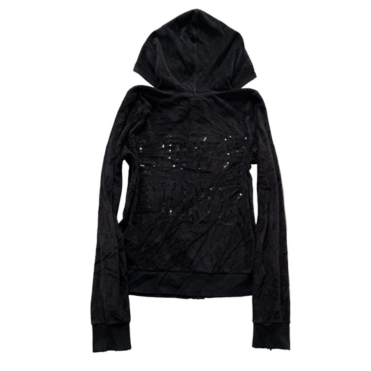 Victoria's Secret PINK Women's Black Velour Zip-Up Hoodie Sequin Logo Size M
