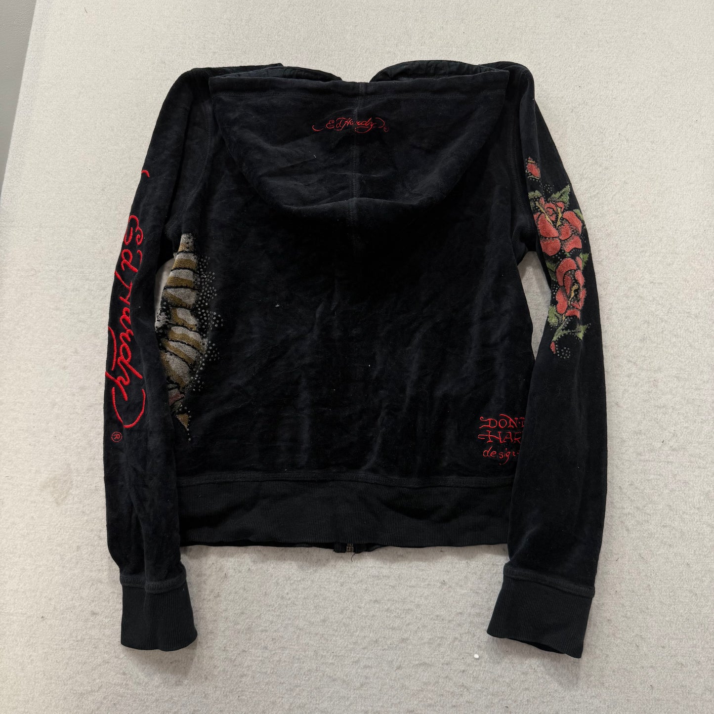Ed Hardy Roses Gypsy Women's Black Velour Zip-Up Hoodie Tattoo Print Logo Size L