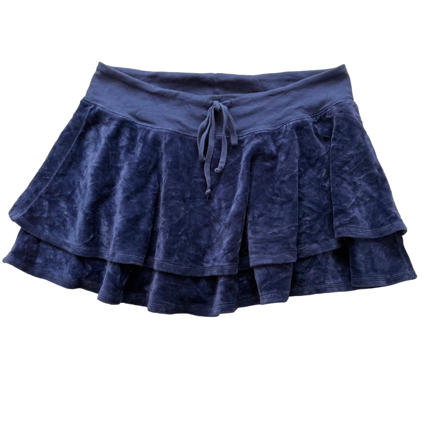 2003 Vintage Juicy Couture Women Navy Velour Tiered Mini Skirt Drawstring Size M