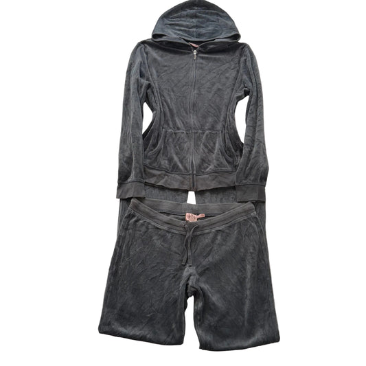 Vtg Juicy Couture Women's Dark Gray Velour Tracksuit Set Hoodie & Pants Size L/S