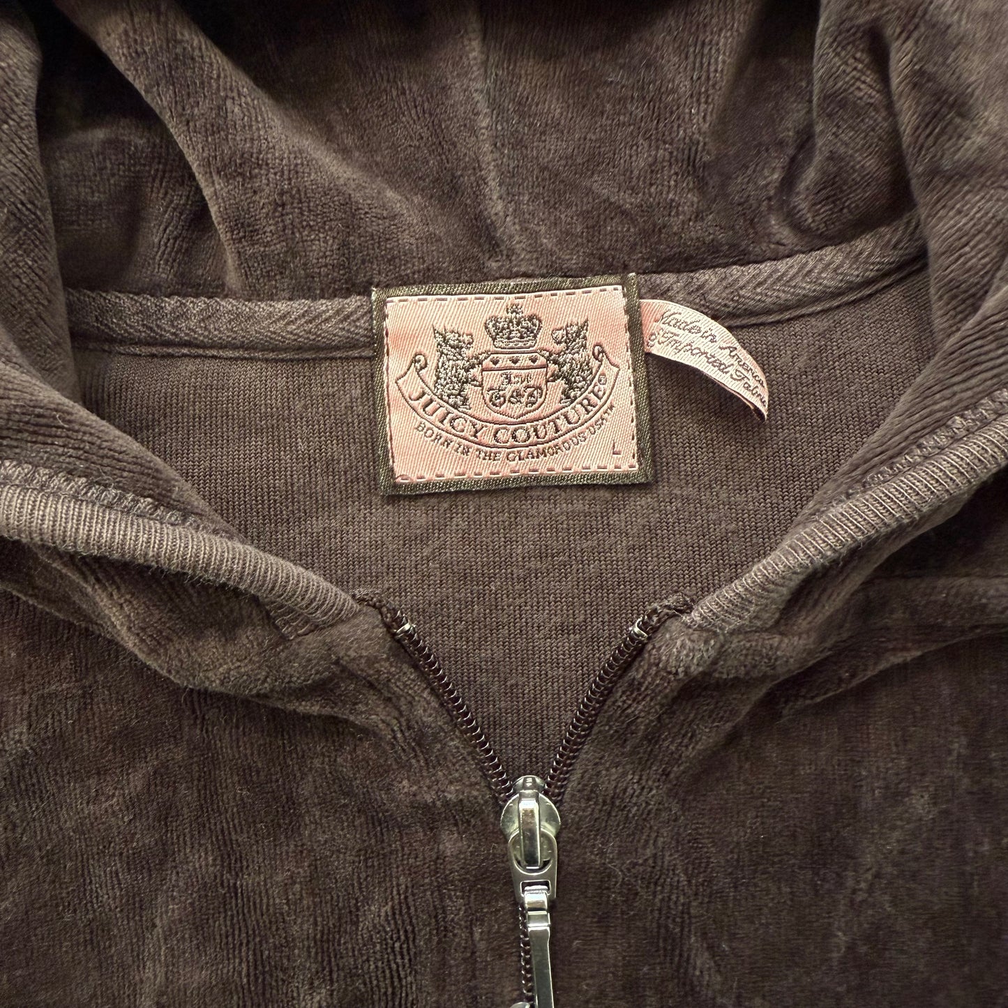 Vintage Juicy Couture Women's Brown Velour Zip Up Hoodie Loungewear Logo Size L