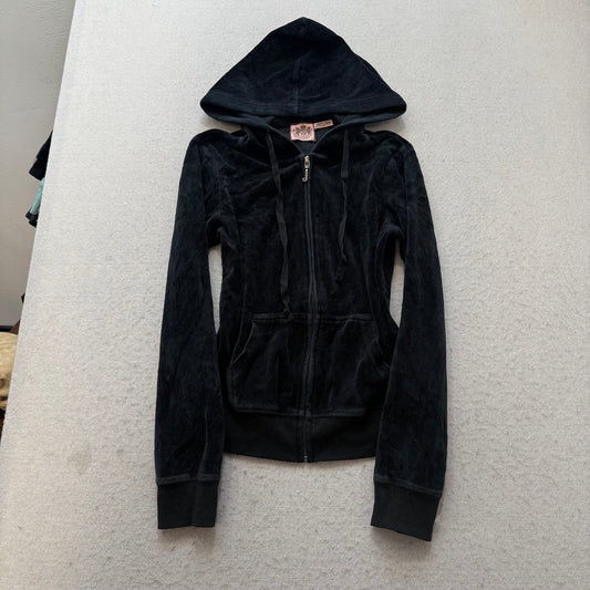 Vintage Juicy Couture Women's Charcoal Velour Zip-Up Hoodie Y2k Dog Logo Size S