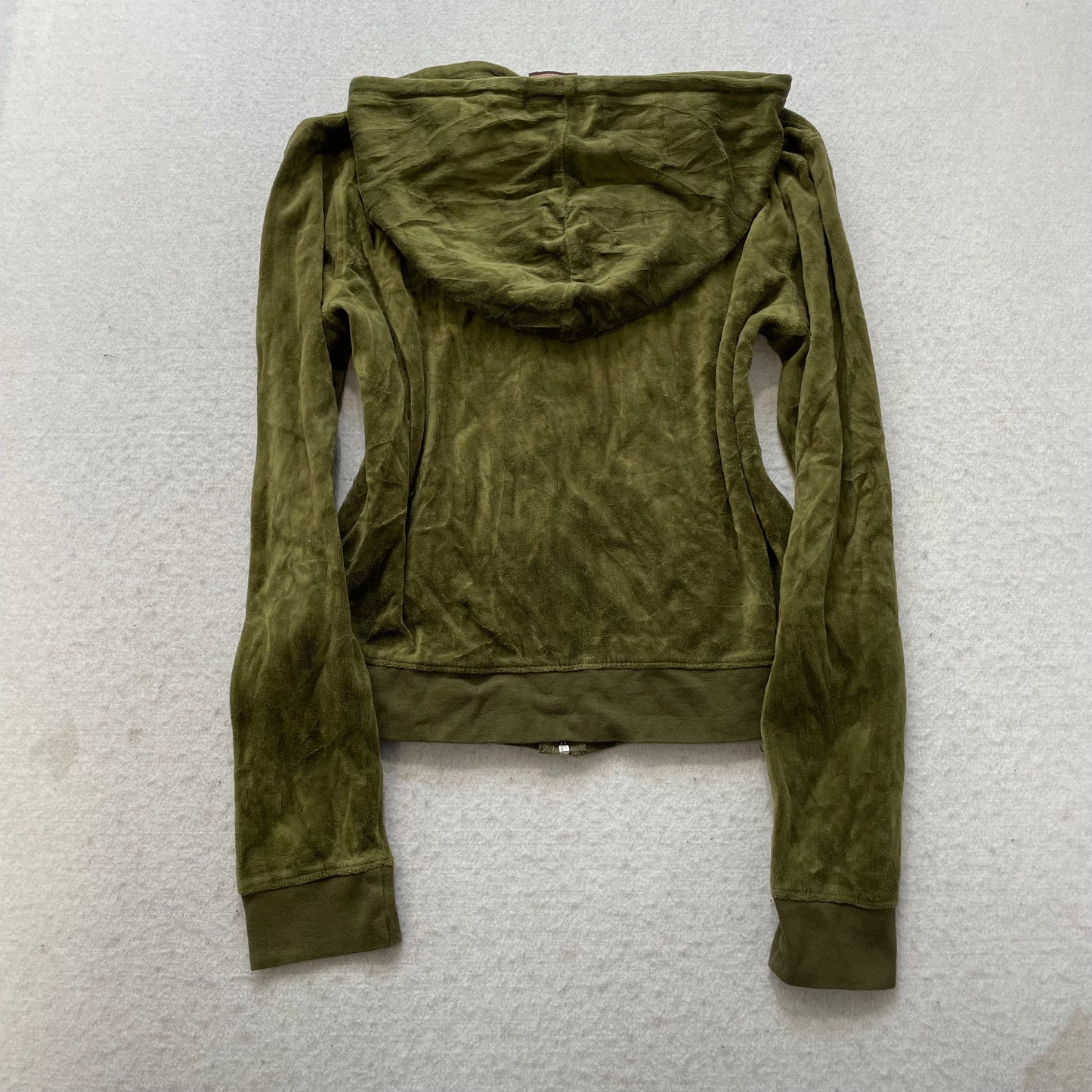 Vintage Juicy Couture Womens Olive Velour Zip-Up Hoodie Pocket Drawstring Size L