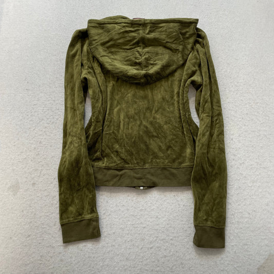 Vintage Juicy Couture Womens Olive Velour Zip-Up Hoodie Pocket Drawstring Size L