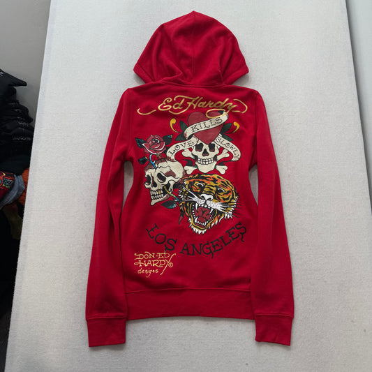 ED HARDY “Rose Dagger” CHERRY RED FITTED ZIP UP HOODIE