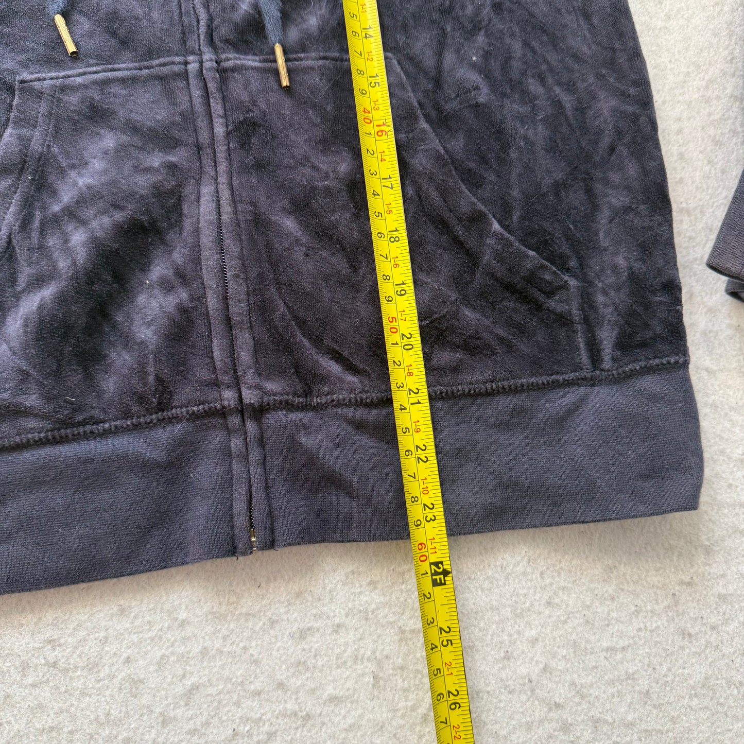 Juicy Couture Women Navy Velour Zip-Up Hoodie Gold Embellished Crown Logo Size M