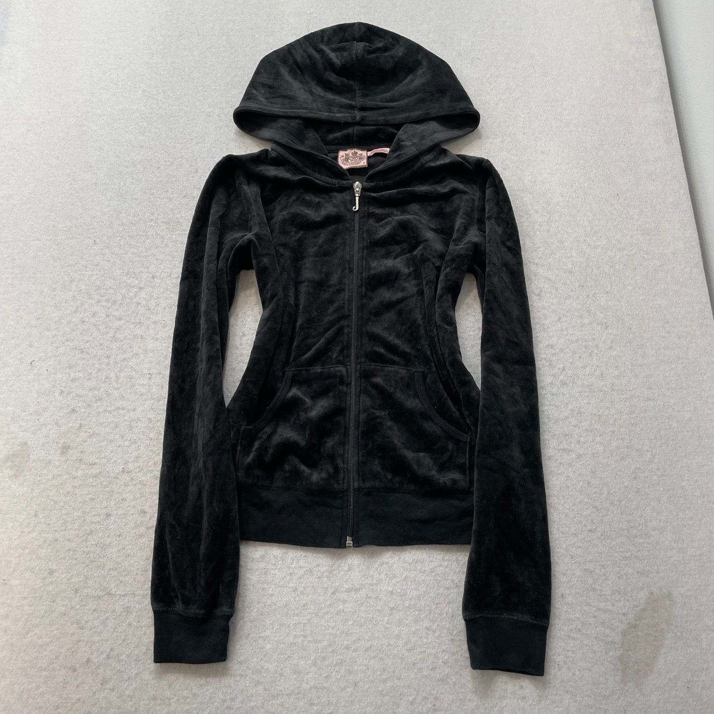 Vintage Juicy Couture Women's Black Velour Zip-Up Hoodie Scottie Dog Logo Size S