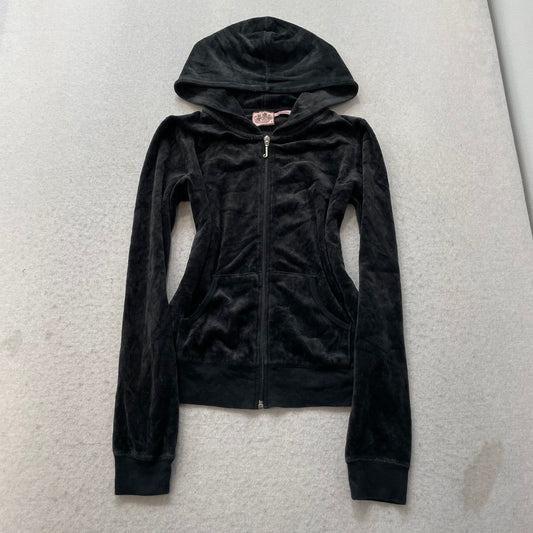 Vintage Juicy Couture Women's Black Velour Zip-Up Hoodie Scottie Dog Logo Size S