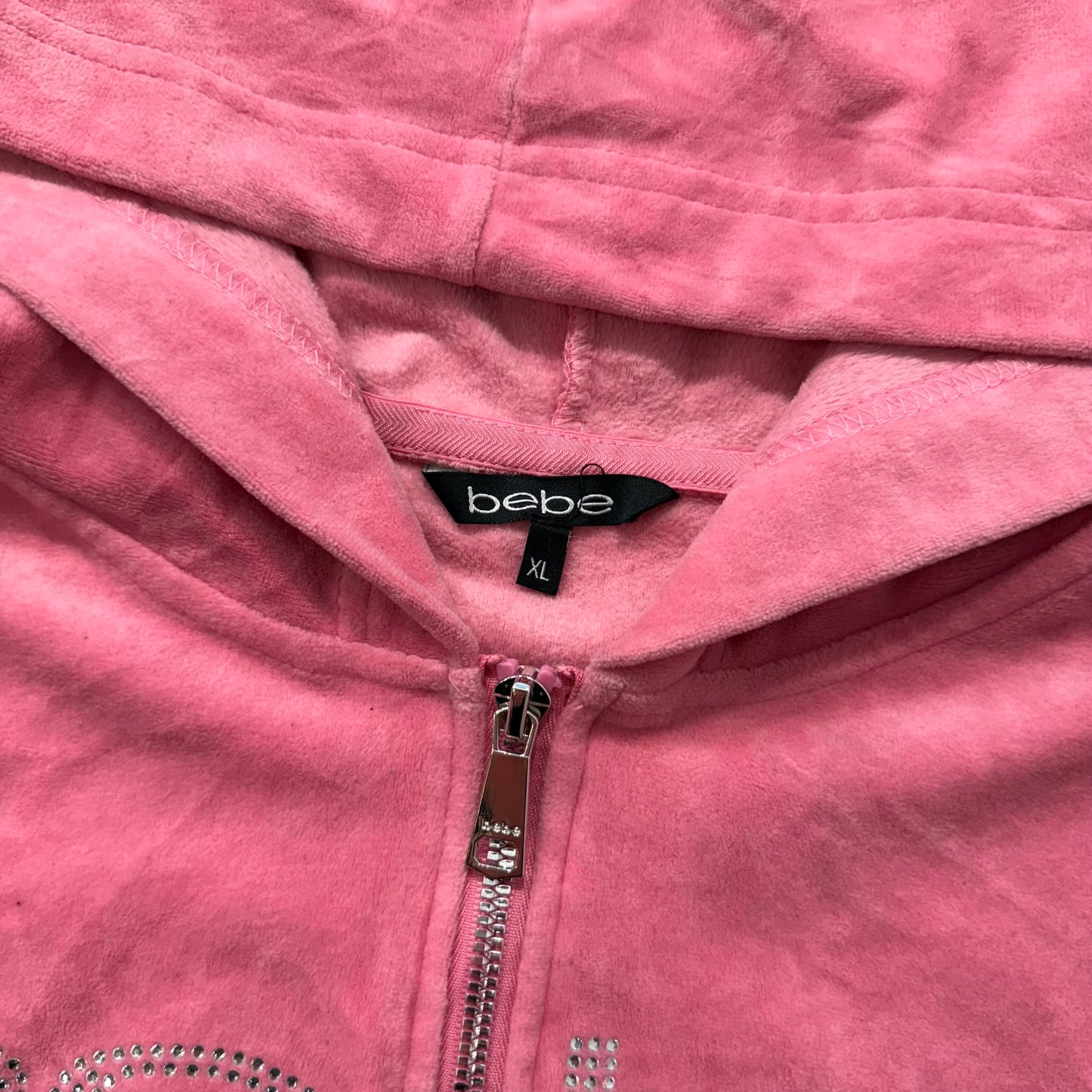 Bebe Women's Candy Pink Velour Full Zip Cropped Hoodie Rhinestones Logo Size XL