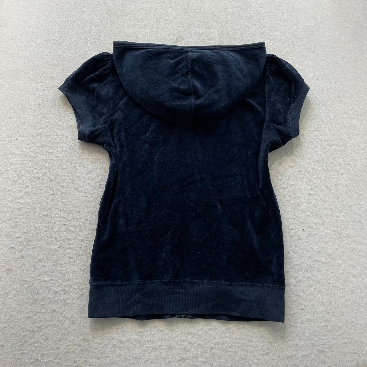 Juicy Couture Women's Navy Blue Velour Zip-Up Hoodie Short Sleeve Pockets Size M