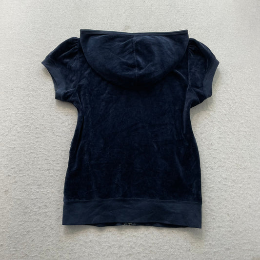 Juicy Couture Women's Navy Blue Velour Zip-Up Hoodie Short Sleeve Pockets Size M