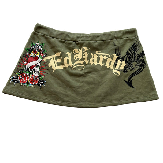 Ed Hardy Women's Olive Green Fleece Mini Skirt Drawstring Waistband Logo Size 3X