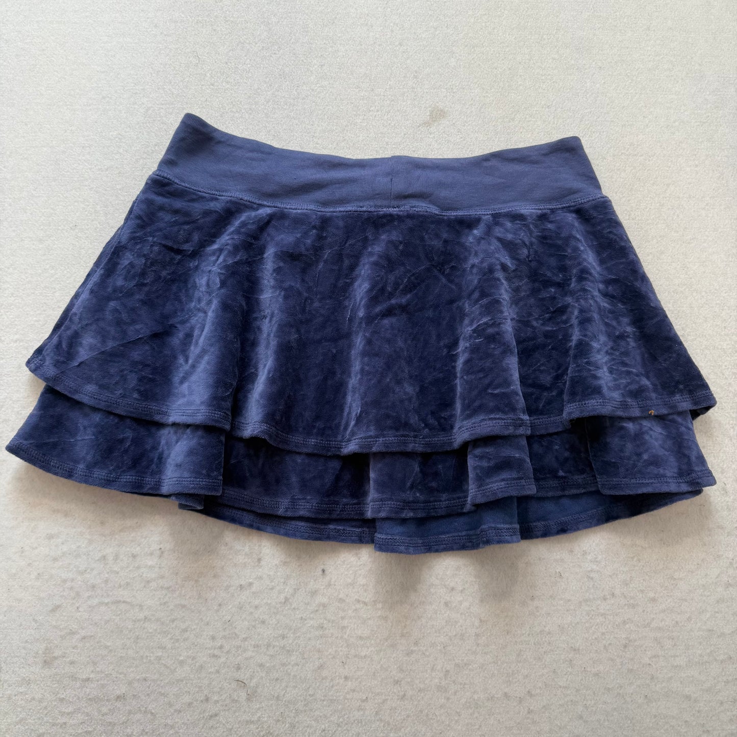 2003 Vintage Juicy Couture Women Navy Velour Tiered Mini Skirt Drawstring Size M