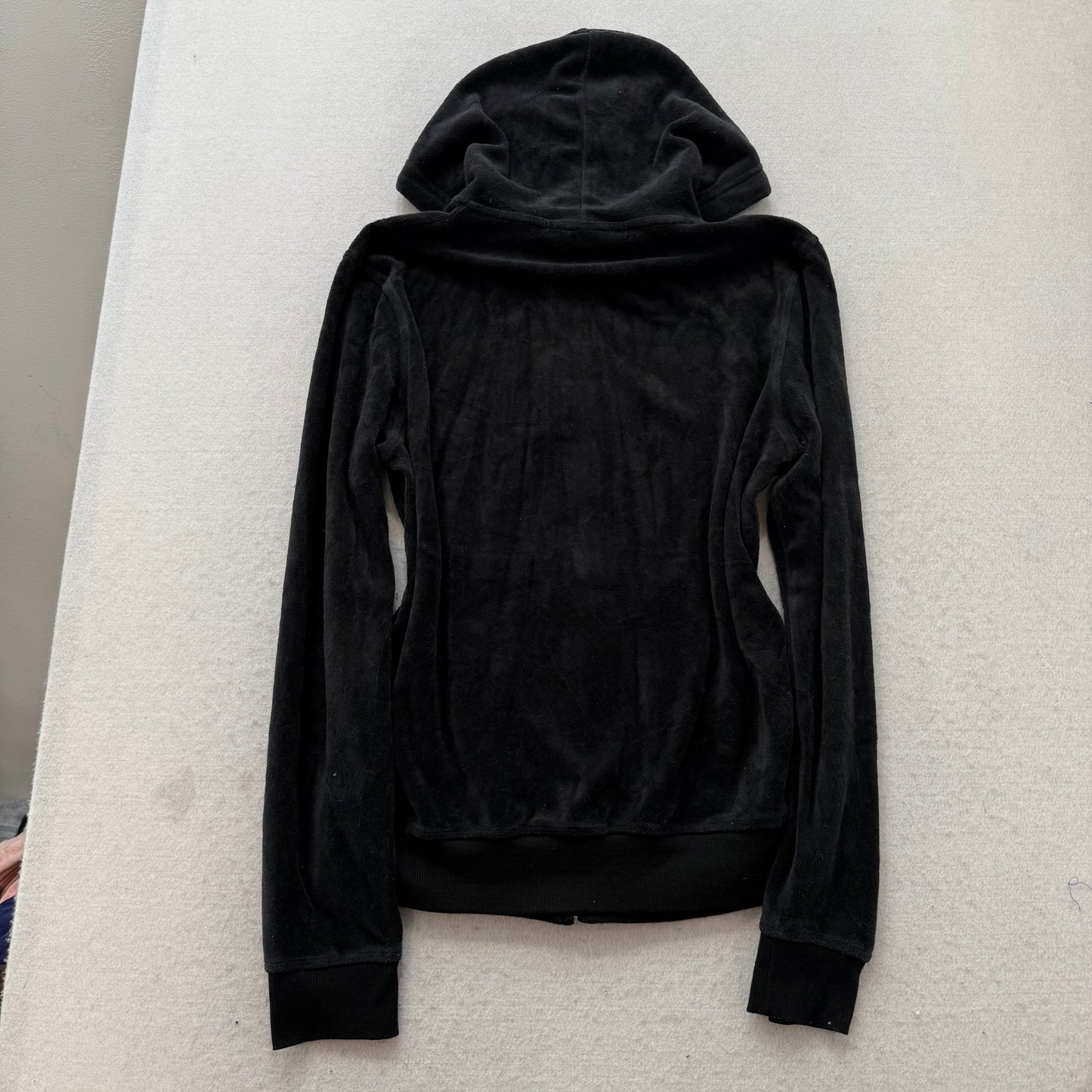 Juicy Couture Women's Jet Black Velour Zip-Up Hoodie Kangaroo Pockets Y2K Size M