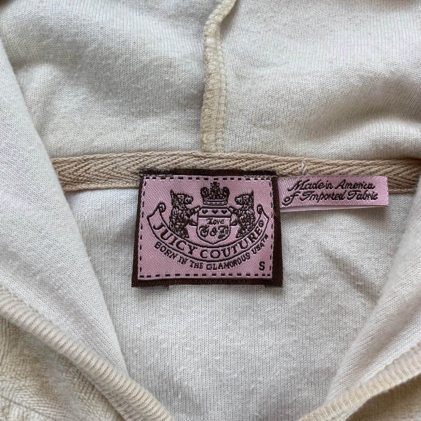 Vintage Juicy Couture Women Beige Velour Zip-Up Hoodie Striped Hem Pocket Size S