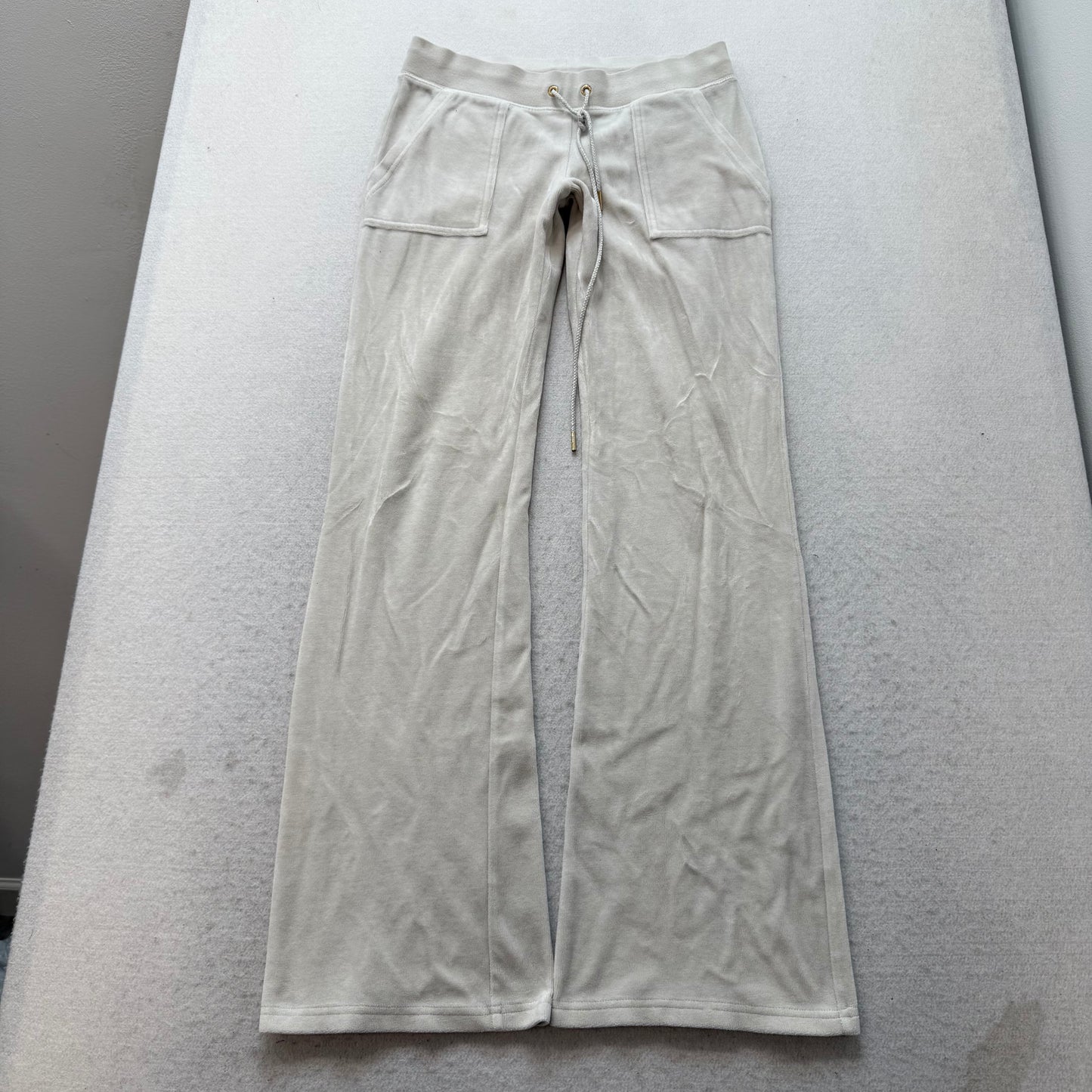 Juicy Couture Women Light Gray Velour Flared Track Pant Back Snap Pockets Size S