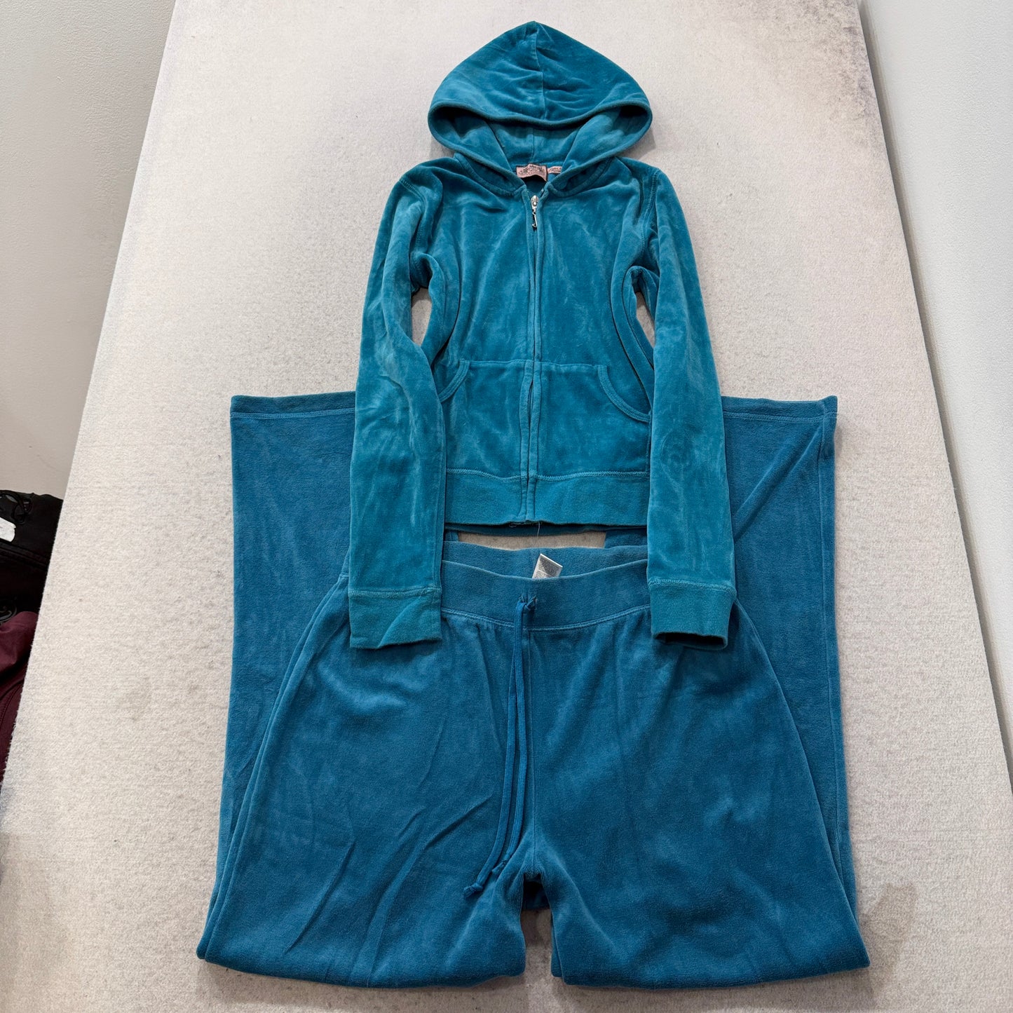 Juicy Couture Women's Teal Blue Velour Tracksuit Set Hoodie & Flared Pant Size M