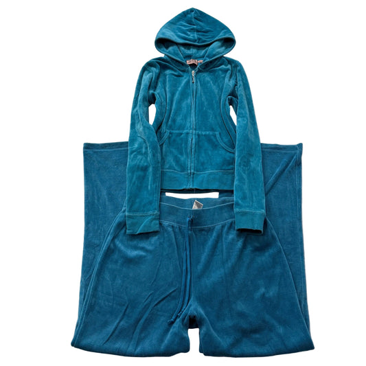 Juicy Couture Women's Teal Blue Velour Tracksuit Set Hoodie & Flared Pant Size M
