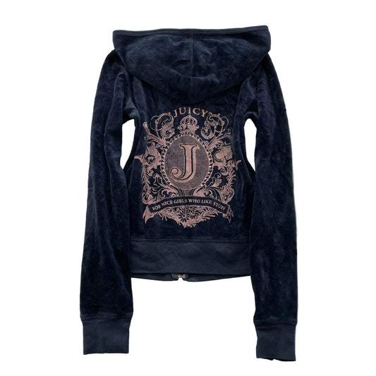 Vintage Juicy Couture Womens Navy Velour Zip-Up Hoodie Back Graphic Print Size S