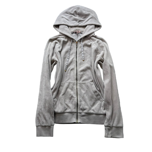 Juicy Couture Women's Grey Velour Zip-Up Hoodie Drawstring Pockets Metal Size L