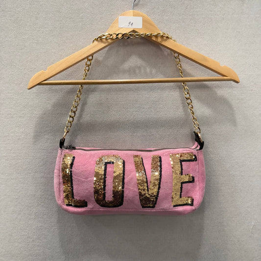 PINK Victoria's Secret Pink Velour Gold Sequin Logo Casual Shoulder Baguette Bag