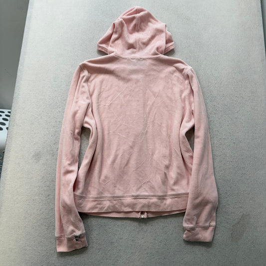 Vintage Juicy Couture Women's Baby Pink Velour Full Zip Hoodie Pockets Size L