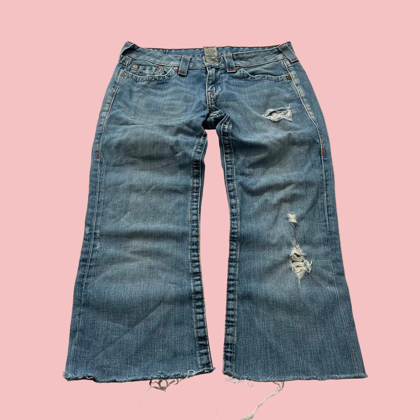 True Religion Bobby Women's Blue Denim Jeans Distressed Raw Hem USA Made Size 30