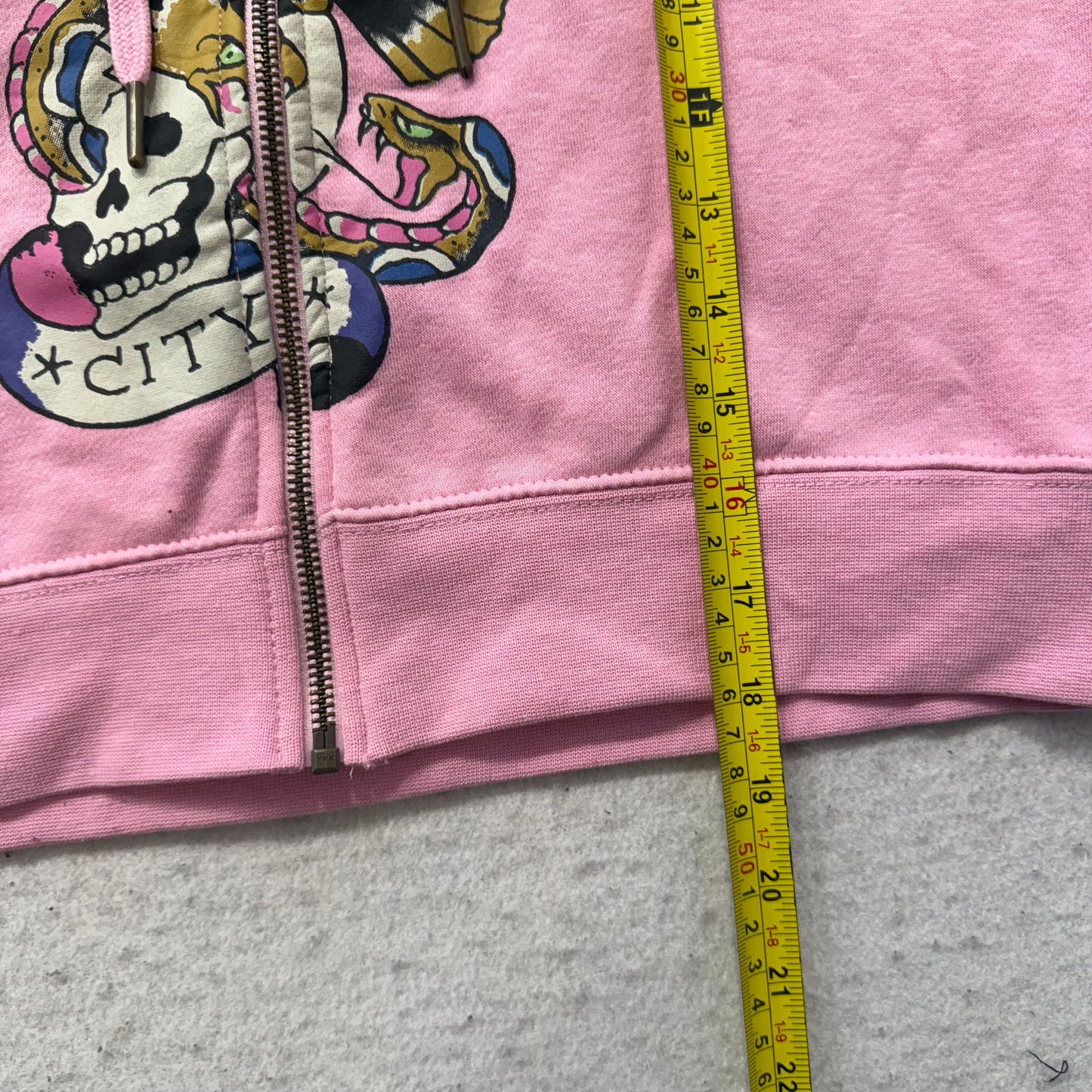 Ed Hardy Women's Baby Pink Velour Full Zip Cropped Hoodie Graphic Logo Size XL