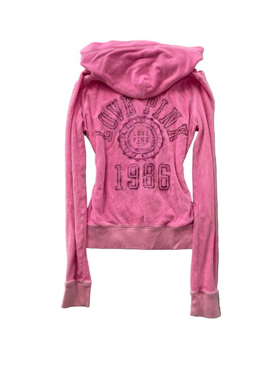Victoria's Secret PINK Women's Pink Velour Zip Up Hoodie Dog Logo Preppy Size S