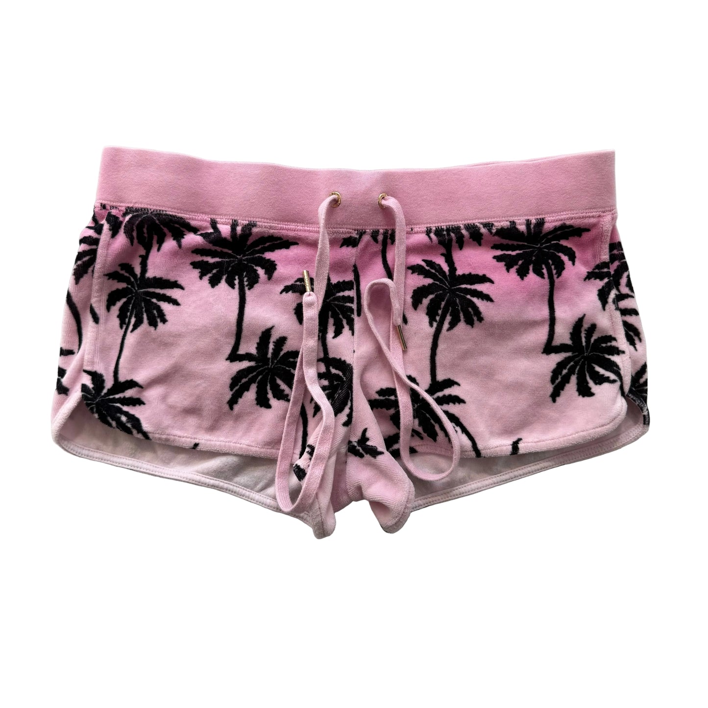 Juicy Couture Womens Pink Black Velour Mini Shorts Palm Tree Print Pocket Size S