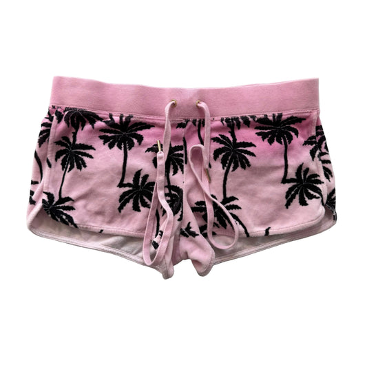 Juicy Couture Womens Pink Black Velour Mini Shorts Palm Tree Print Pocket Size S
