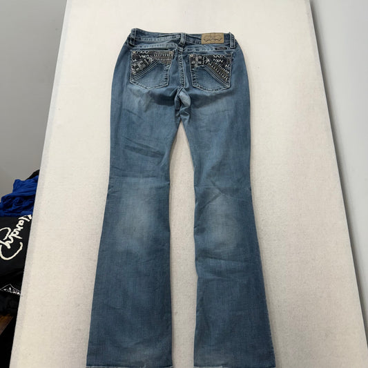 RARE Miss Me Blue Denim Flared Ornate Embellished Bootcut Jeans Low Rise Size 31