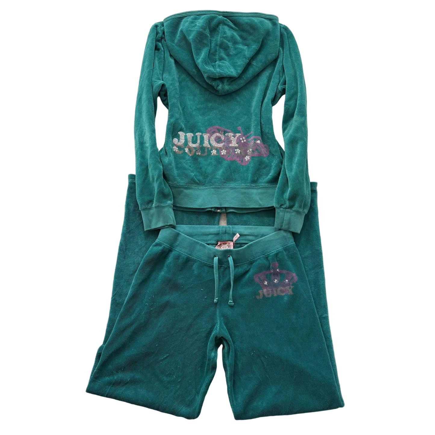 Juicy Couture Women's Blue-Green Terry cloth Tracksuit Set Hoodie & Pant Size 12