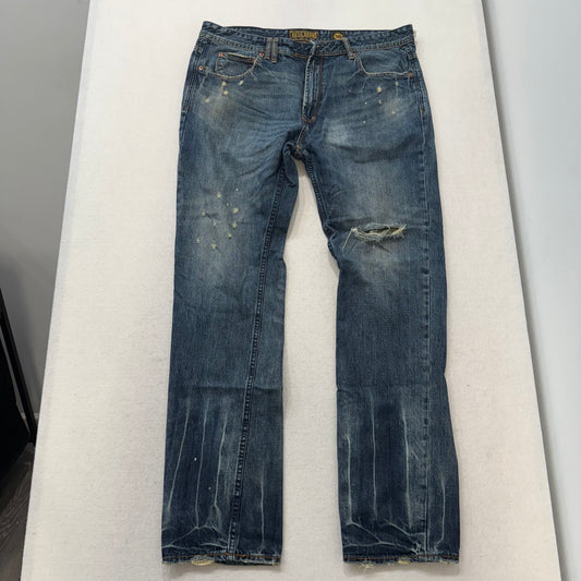 AKOO Medium Blue Distressed Denim Jeans Paint Splatter Ripped Knee Size 36