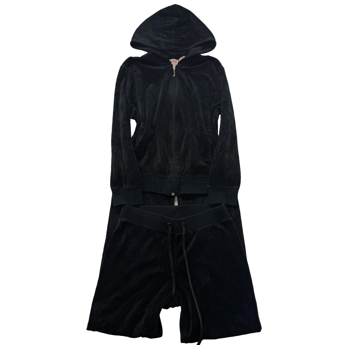 Juicy Couture Women Black Velour Tracksuit Set Zip Up Hoodie & Flare Pant Size S