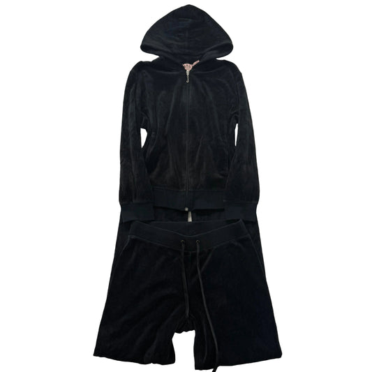 Juicy Couture Women Black Velour Tracksuit Set Zip Up Hoodie & Flare Pant Size S