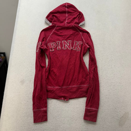 PINK Victoria's Secret Women Deep Ruby Velour Zip Up Hoodie Graphic Logo Size XS