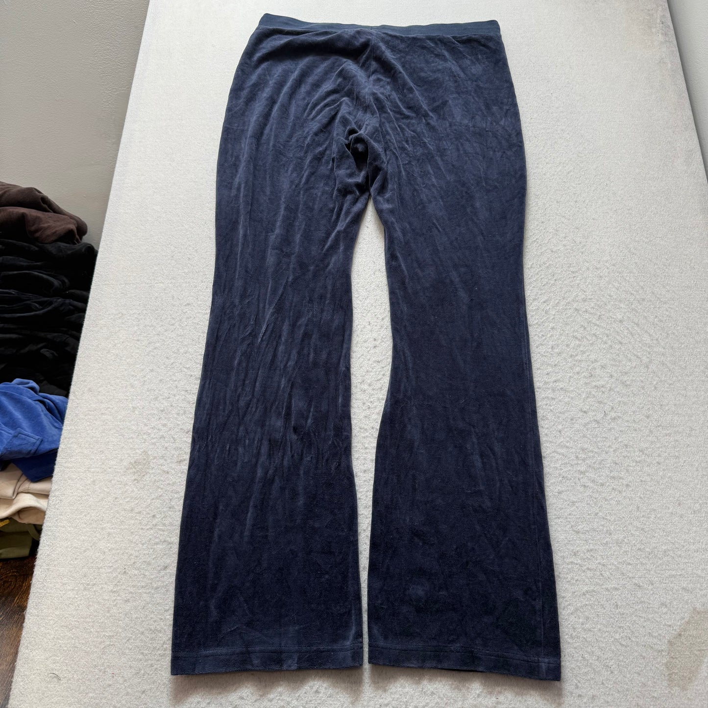 Vintage Juicy Couture Women Navy Blue Velour Flared Track Pant Drawstring Size L